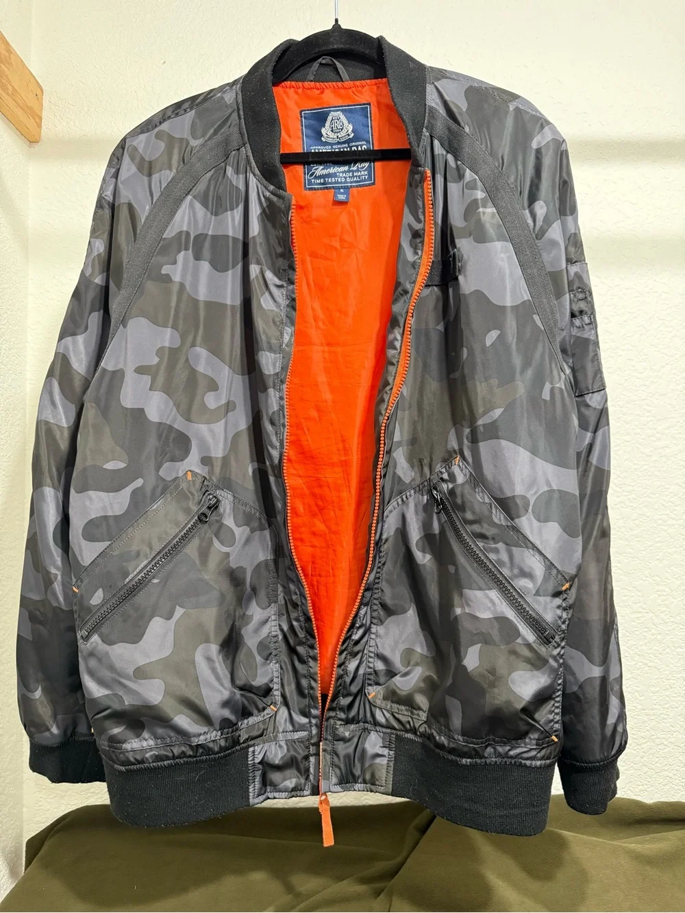 American Rag Gray Camo Bomber Jacket with Orange Lining